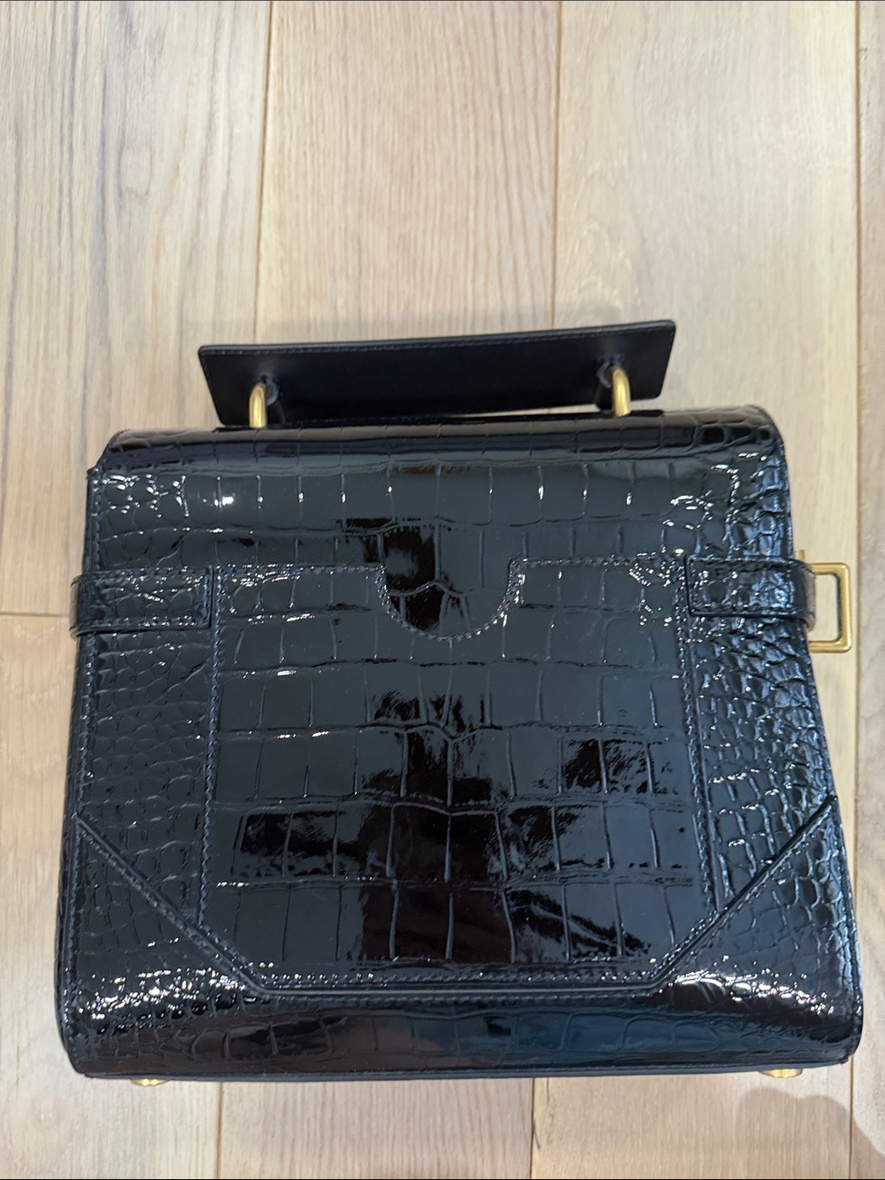 Balmain Black Croc-Embossed Top Handle Satchel with Gold Hardware - Picture 3 of 8